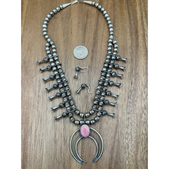 Native American Navajo Handmade Sterling Silver Pink Conch Squash Blossom 18” - Picture 4 of 8